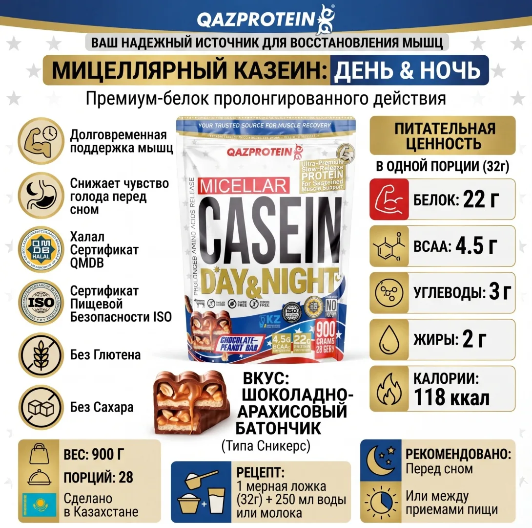 Протеин Qazprotein Micellar Casein 900г Сникерс (5109)