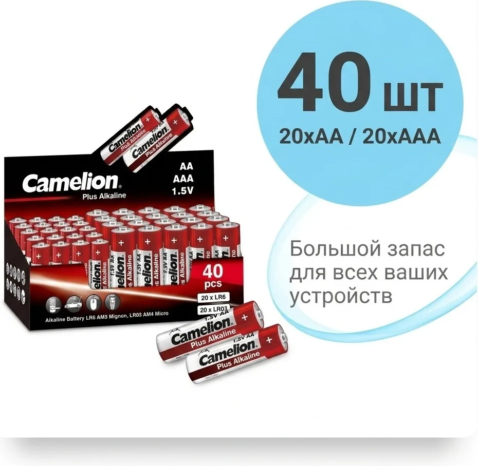 Батарейка CAMELION Plus Alkaline 20LR6+20LR03-SP4-CB 40 шт. в упак.