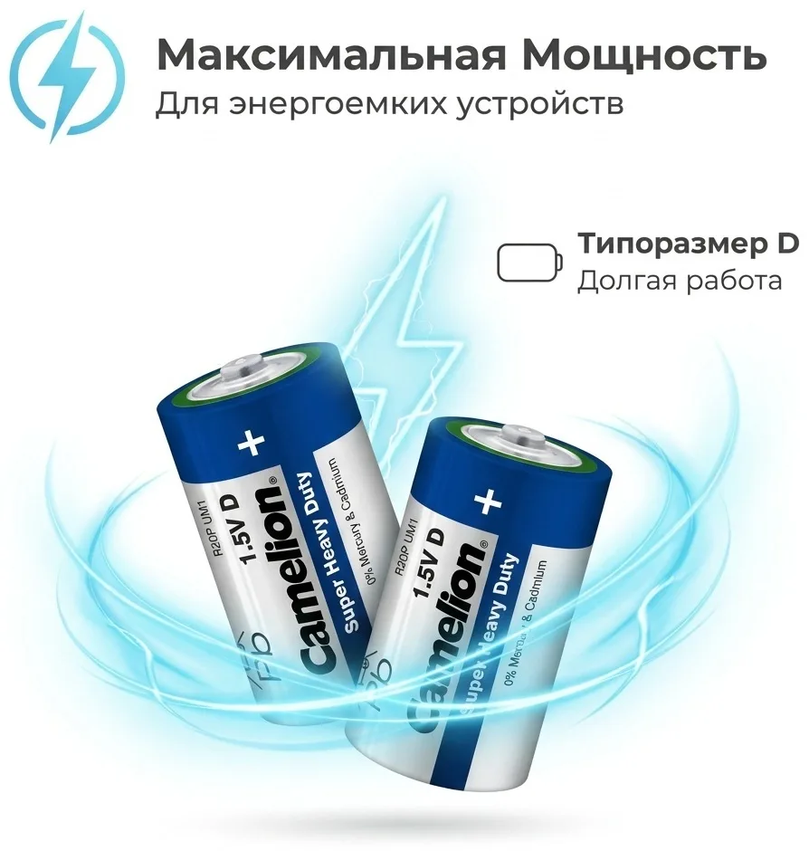 Батарейка CAMELION Super Heavy Duty R20P-SP2B 2 шт. в блистере