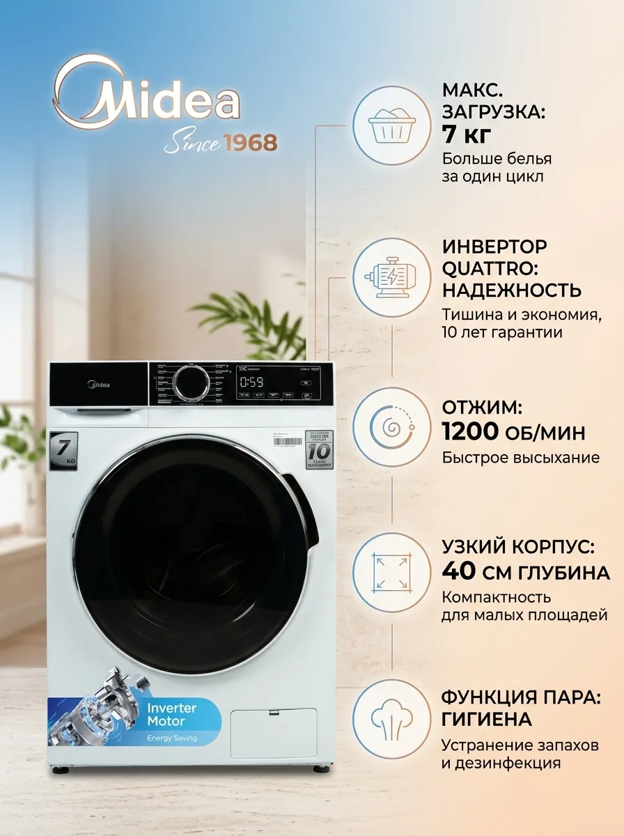 Стиральная машина Midea MFA01W70B/W-C белый, черный