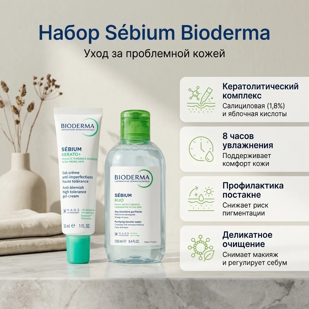 Набор Bioderma Sebium Kerato+ 30мл + Sebium H2O 250мл в подарок