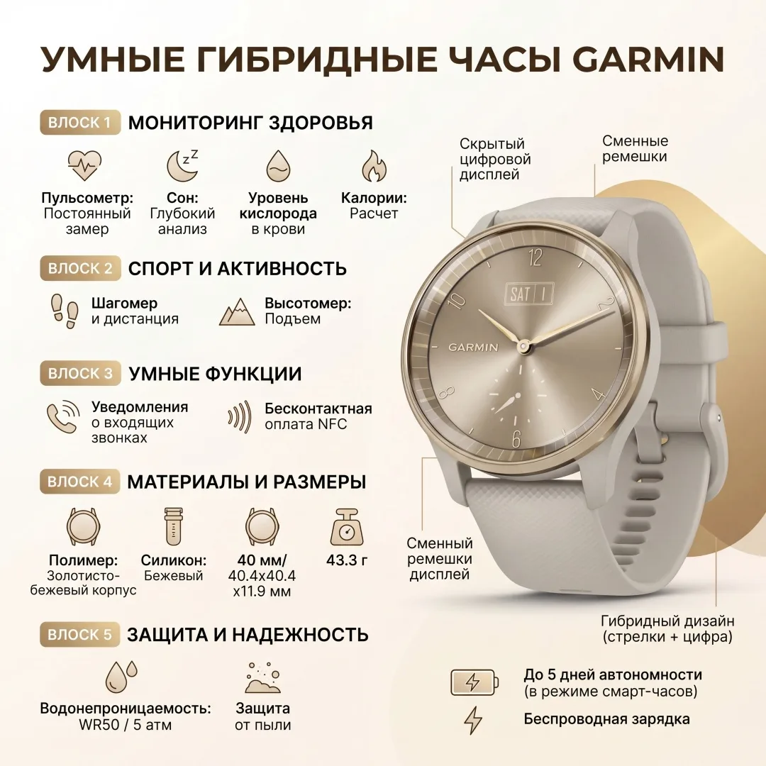 Смарт-часы Garmin Vivomove Trend 40 мм золотистый-бежевый-бежевый (02665-02)