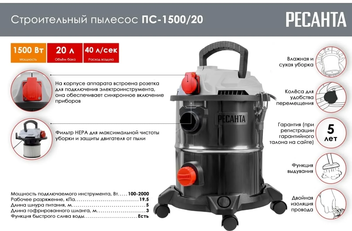Пылесос строительный Ресанта ПС-1500/20