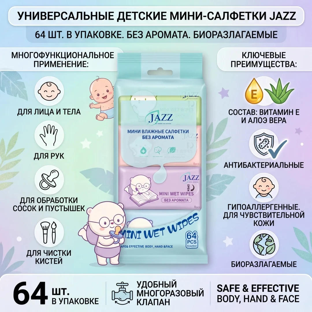 Влажные салфетки Jazz Mini 64 шт (8х8)