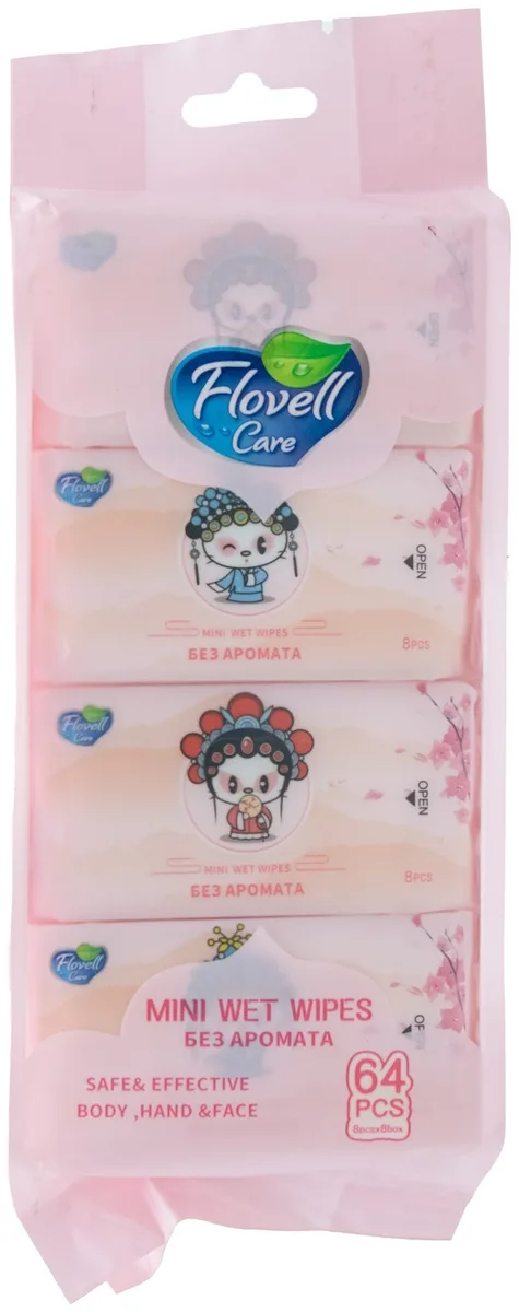 Влажные салфетки Flovell care Mini 64шт (8х8) розовый