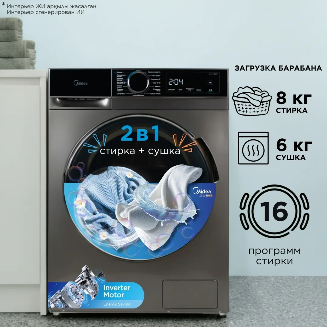 Стиральная машина Midea MFA01D80B/T-KZ серый, черный