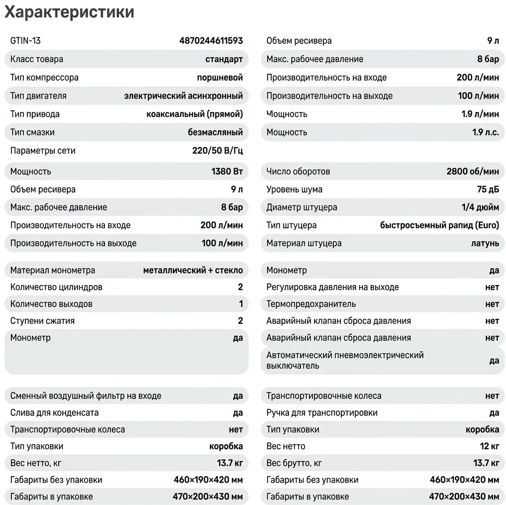 Компрессор безмаслянный ALTECO ACO 9L