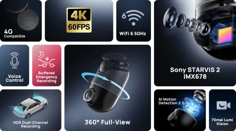 Видеорегистратор 70mai X800-2 + камера заднего вида черный 4K Omni Set
