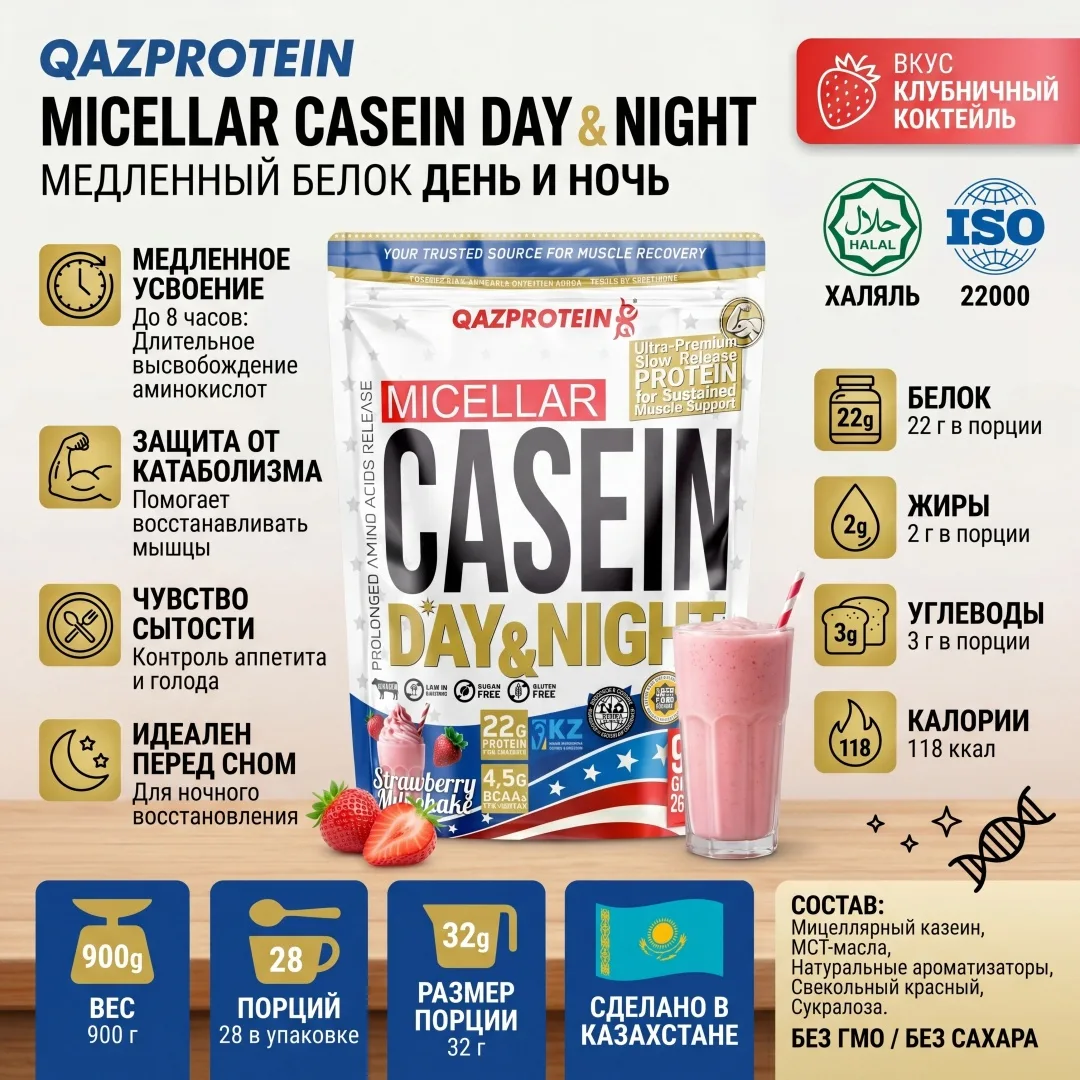 Протеин Qazprotein Micellar Casein 900г Клубника (5030/5038)