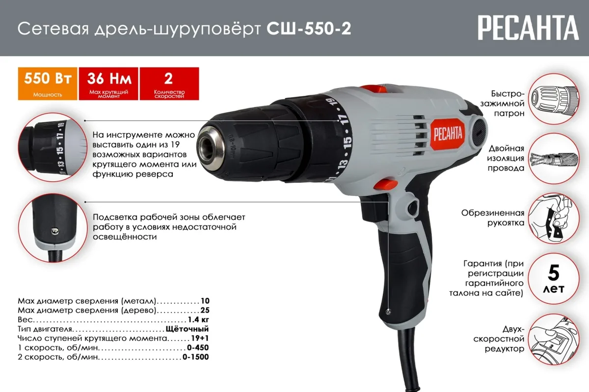 Сетевой шуруповерт Ресанта СШ-550-2