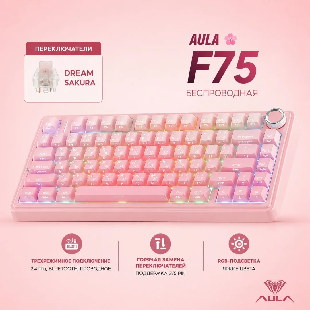 Клавиатура AULA F75 Blank Светло-розовый