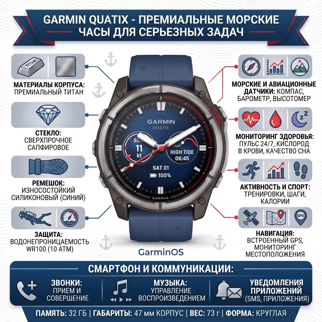 Смарт-часы Garmin Quatix 8 47 мм серебристый-синий (02904-51)