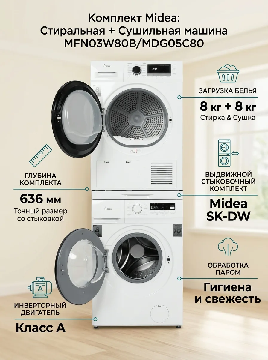 Стиральная машина Midea MFN03W80B/W-KZ белый + подарок (УТ-00009024,УТ-00011066)