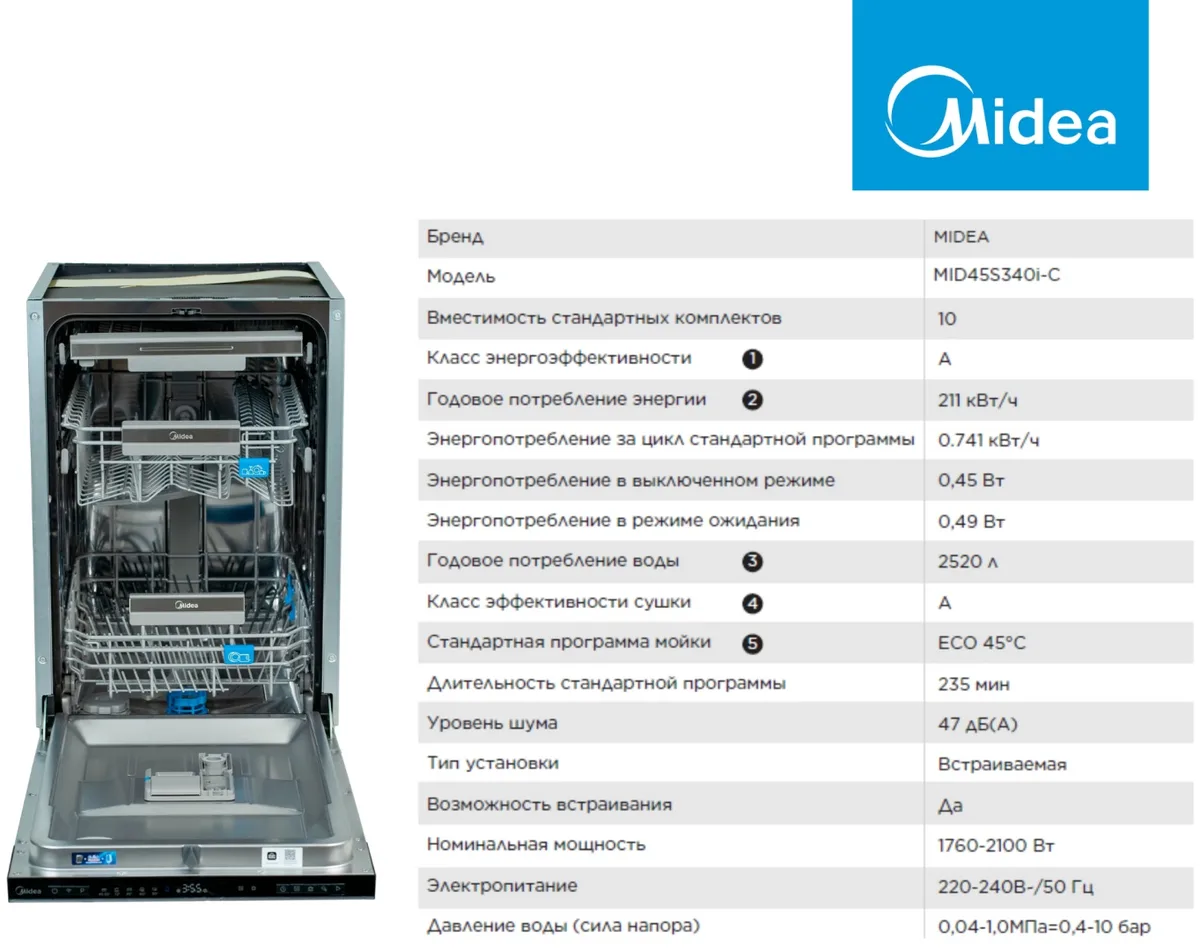Посудомоечная машина Midea MID45S340i-C серый
