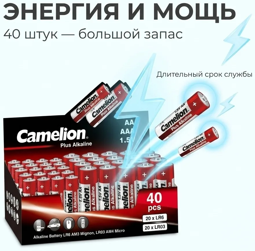 Батарейка CAMELION Plus Alkaline 20LR6+20LR03-SP4-CB 40 шт. в упак.