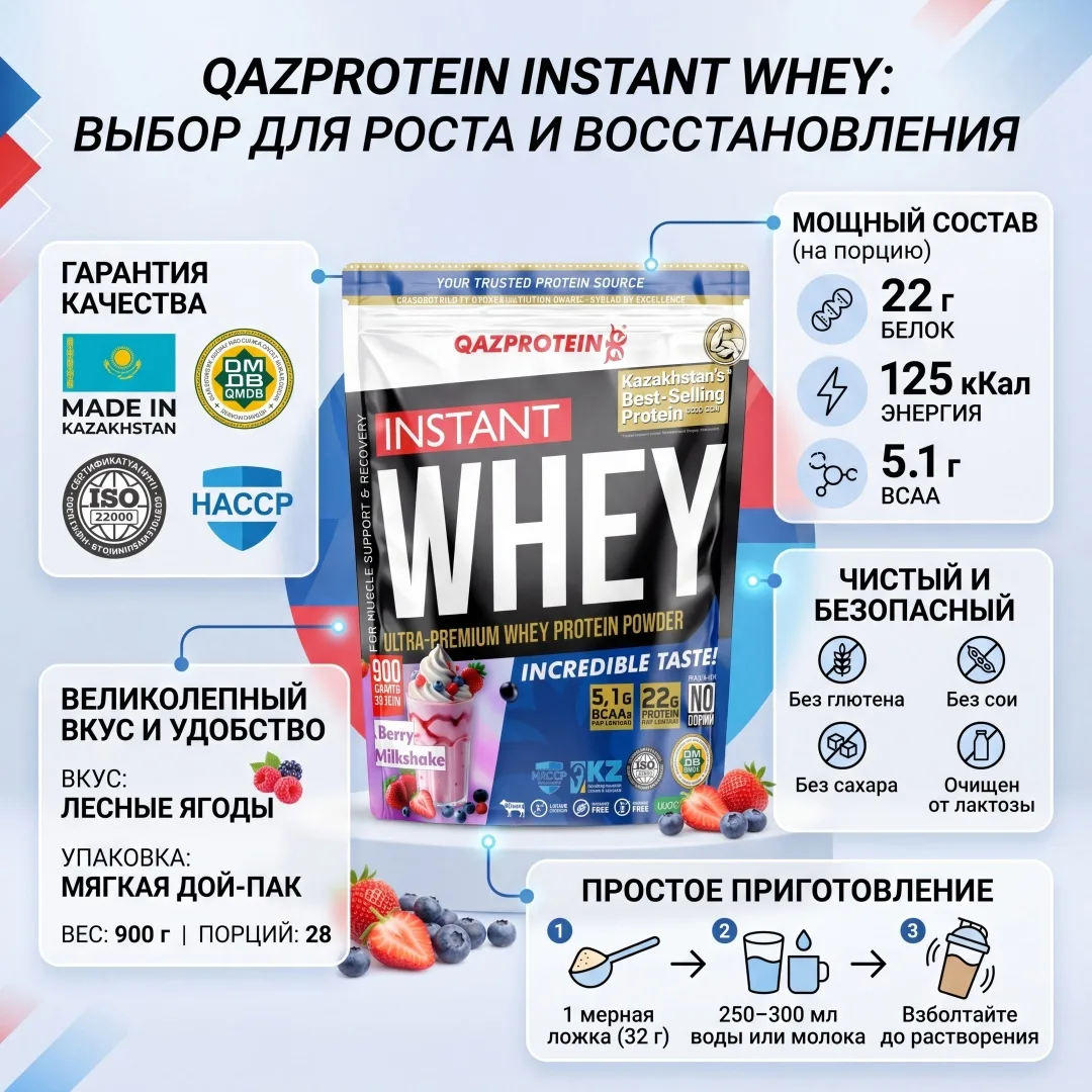 Протеин Qazprotein Instant WHEY 900г Лесная ягода (4027)