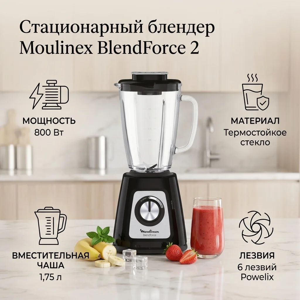 Блендер стационарный Moulinex BlendForce 2 LM435810 Черный
