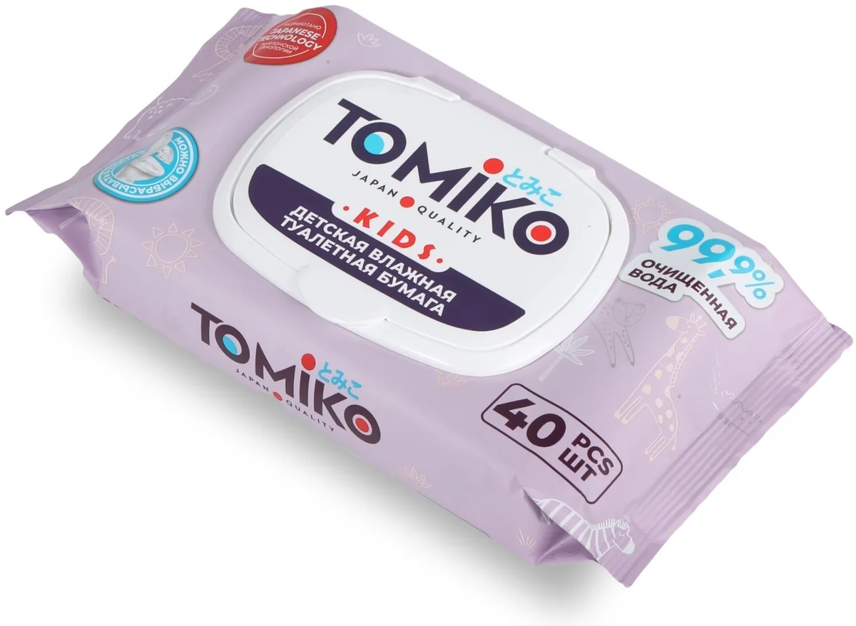 Детская влажная туалетная бумага TOMIKO 40 шт в уп.